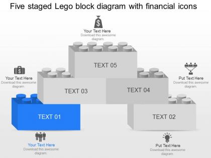 Five staged lego block diagram with financial icons powerpoint template slide