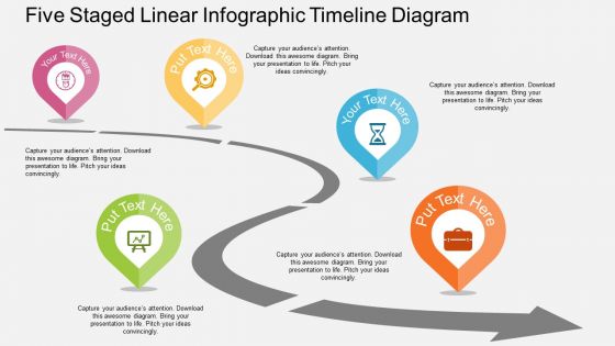 Five staged linear infographic timeline roadmap diagram flat powerpoint design