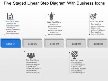 Five staged linear step diagram with business icons powerpoint template slide