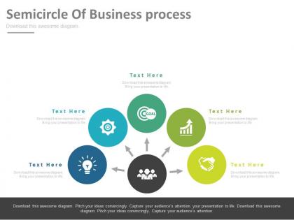 Five staged semicircle of business process powerpoint slides