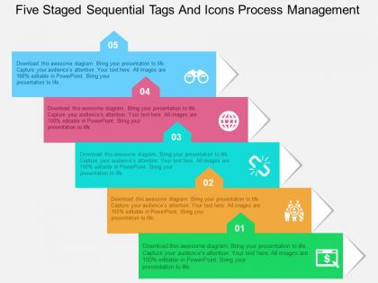 Five staged sequential tags and icons process management flat powerpoint design
