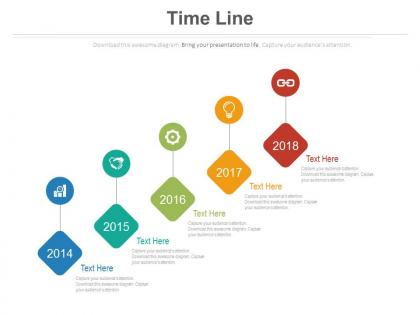 Five staged sequential year based timeline powerpoint slides