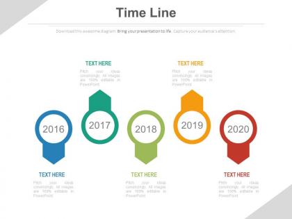 Five staged sequential year timeline diagram powerpoint slides
