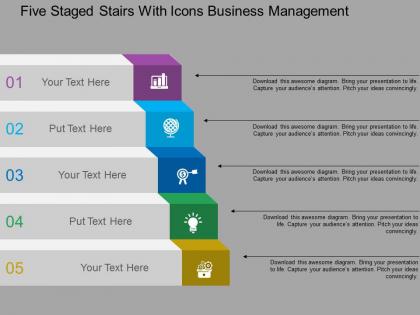 Five staged stairs with icons business management flat powerpoint design
