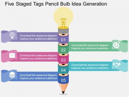 Five staged tags pencil bulb idea generation flat powerpoint design