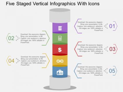 Five staged vertical infographics with icons flat powerpoint design