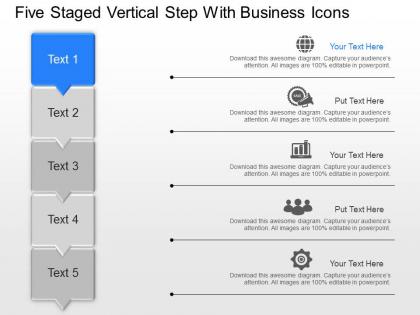 Five staged vertical step with business icons powerpoint template slide