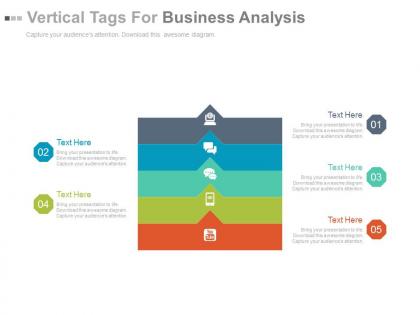 Five staged vertical tags for business analysis flat powerpoint design