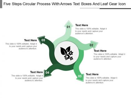 Five steps circular process with arrows text boxes and leaf gear icon