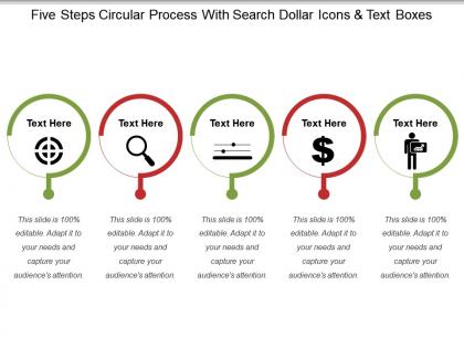 Five steps circular process with search dollar icons and text boxes
