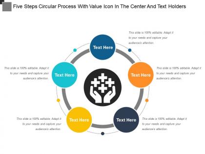 Five steps circular process with value icon in the center and text holders