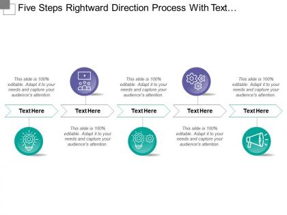 Five steps rightward direction process with text holders and icons