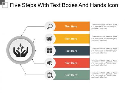 Five steps with text boxes and hands icon