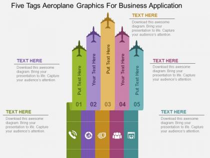 Five tags aeroplane graphics for business application flat powerpoint design
