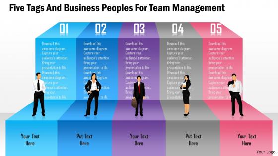 Five tags and business peoples for team management powerpoint template