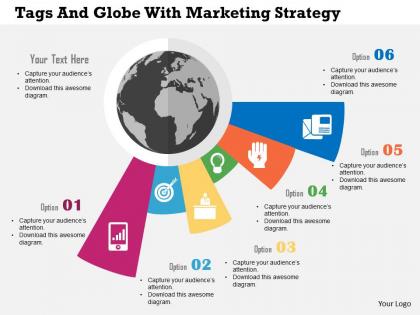 Five tags and globe with marketing strategy ppt presentation slides