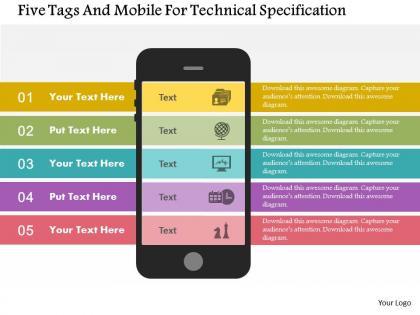 Five tags and mobile for technical specification flat powerpoint design