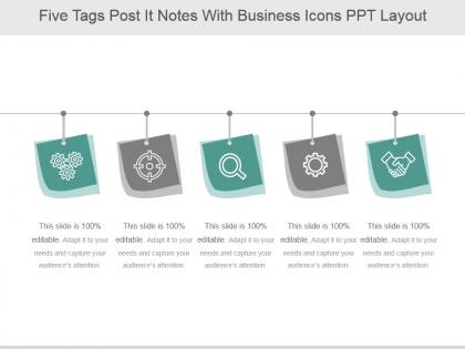 Five tags post it notes with business icons ppt layout
