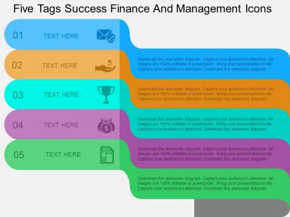 Five tags success finance and management icons flat powerpoint design