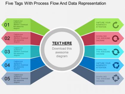 Five tags with process flow and data representation flat powerpoint design