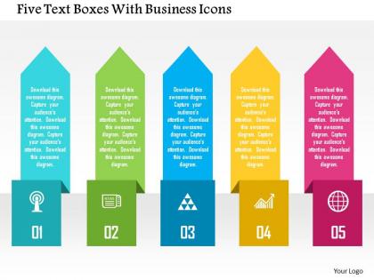 Five text boxes with business icons flat powerpoint design