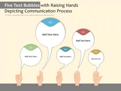 Five text bubbles with raising hands depicting communication process