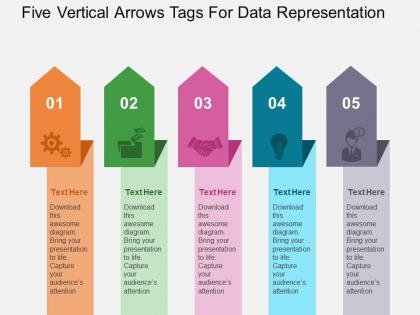 Five vertical arrows tags for data representation flat powerpoint design
