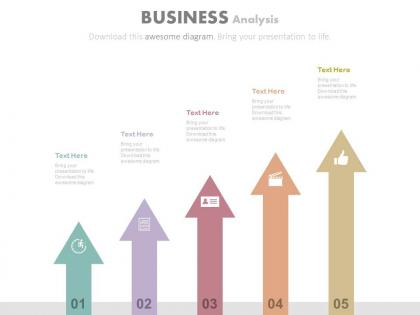 Five vertical arrows with icons for business analysis powerpoint slides