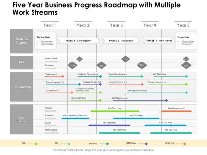 Five year business progress roadmap with multiple work streams