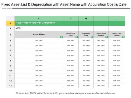 Fixed asset list and depreciation with asset name with acquisition cost and date