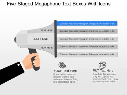 Fk five staged megaphone text boxes with icons powerpoint template