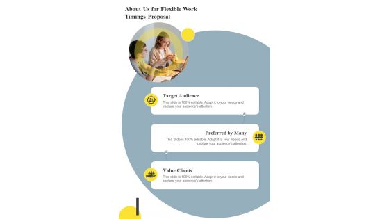 Flexible Work Timings Proposal For About Us One Pager Sample Example Document
