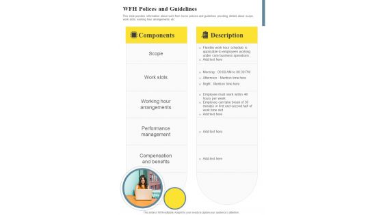 Flexible Work Timings WFH Polices And Guidelines One Pager Sample Example Document