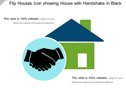 Flip houses icon showing house with handshake in black