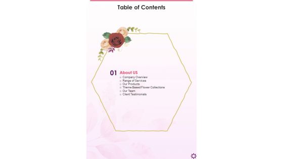Flower Decorations Service Proposal Table Of Contents One Pager Sample Example Document
