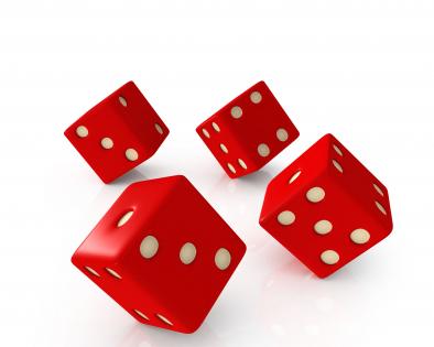 Flying red dices showing concept of gaming stock photo