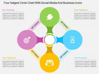 Fm four staged circle chart with social media and business icons flat powerpoint design