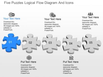 Fo five puzzles logical flow diagram and icons powerpoint template