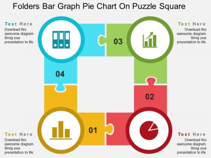 Folders bar graph pie chart on puzzle square flat powerpoint design