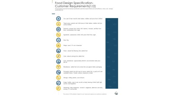 Food Design Specification Customer Requirements One Pager Sample Example Document