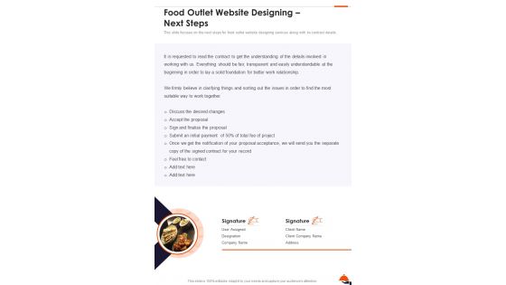 Food Outlet Website Designing Next Steps One Pager Sample Example Document