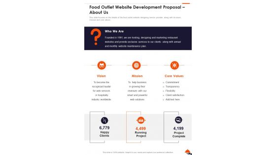Food Outlet Website Development Proposal About Us One Pager Sample Example Document