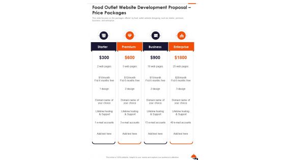 Food Outlet Website Development Proposal Price Packages One Pager Sample Example Document
