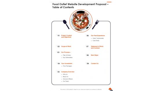 Food Outlet Website Development Proposal Table Of Contents One Pager Sample Example Document