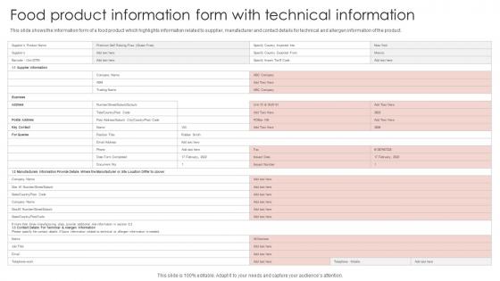 Food Product Information Form With Technical Information