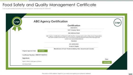 Food Safety And Quality Management Certificate Quality Assurance Plan And Procedures Set 2