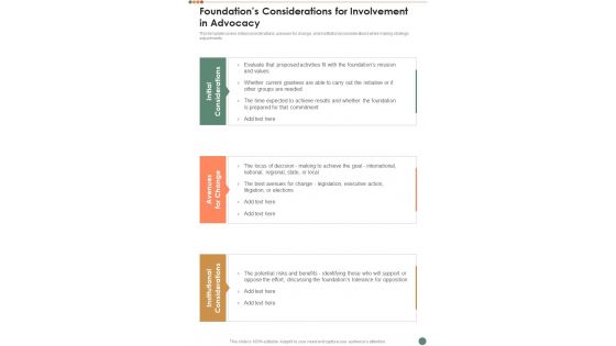 Foundations Considerations For Involvement In Advocacy One Pager Sample Example Document