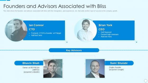 Founders and advisors associated bliss investor funding elevator pitch deck