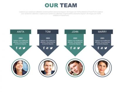 Four arrow tags with business profiles for team powerpoint slides