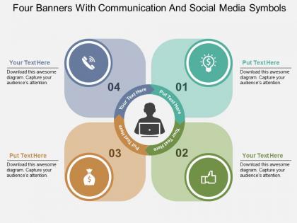Four banners with communication and social media symbols flat powerpoint design